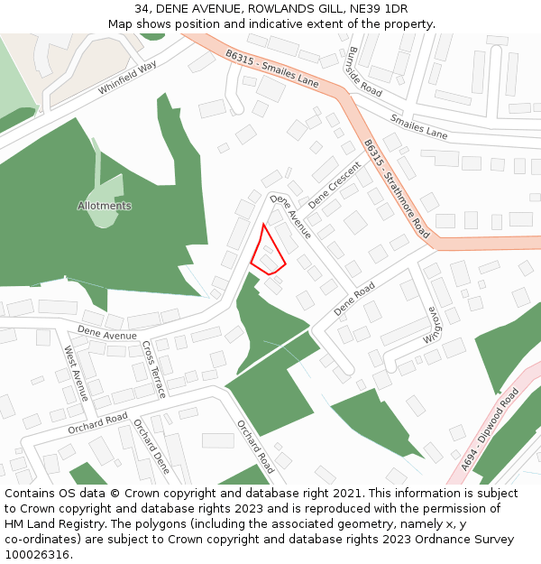 34, DENE AVENUE, ROWLANDS GILL, NE39 1DR: Location map and indicative extent of plot