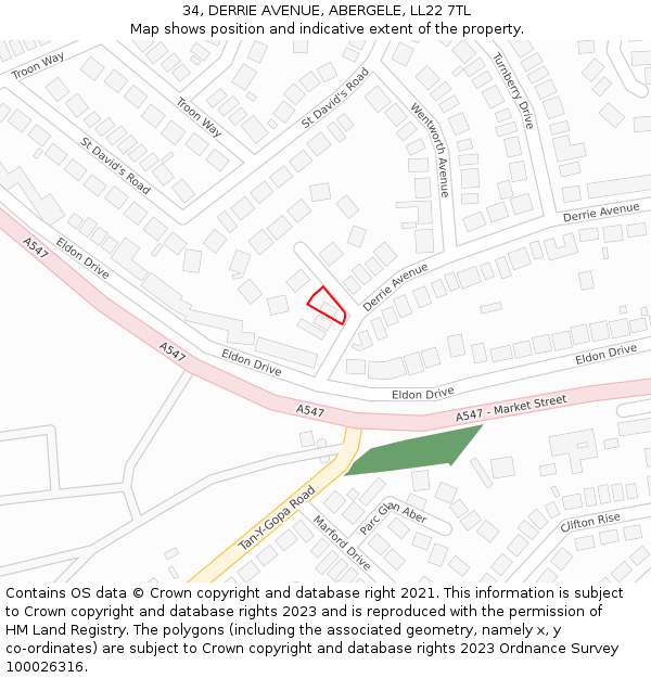 34, DERRIE AVENUE, ABERGELE, LL22 7TL: Location map and indicative extent of plot
