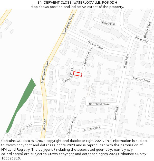 34, DERWENT CLOSE, WATERLOOVILLE, PO8 0DH: Location map and indicative extent of plot