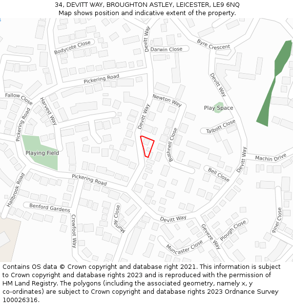34, DEVITT WAY, BROUGHTON ASTLEY, LEICESTER, LE9 6NQ: Location map and indicative extent of plot