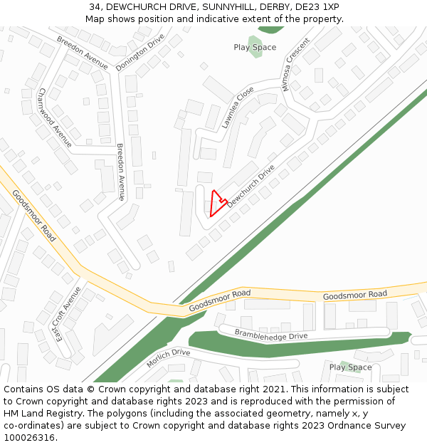 34, DEWCHURCH DRIVE, SUNNYHILL, DERBY, DE23 1XP: Location map and indicative extent of plot