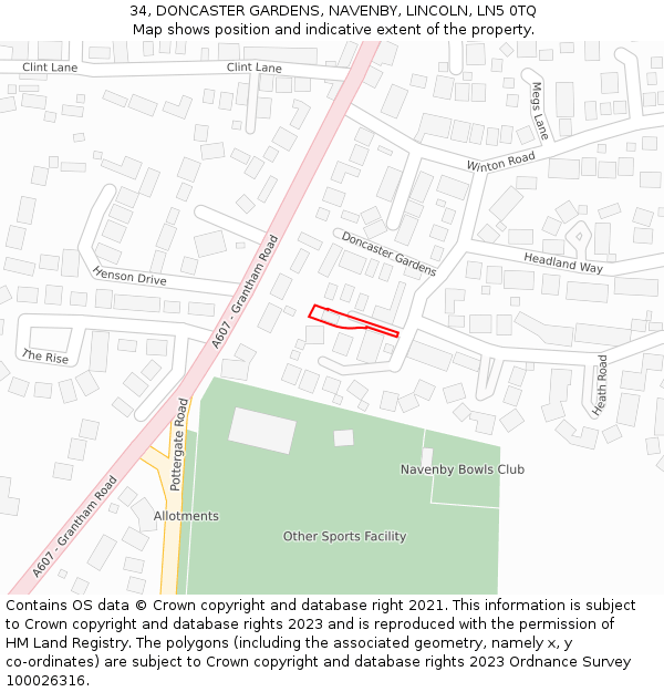 34, DONCASTER GARDENS, NAVENBY, LINCOLN, LN5 0TQ: Location map and indicative extent of plot