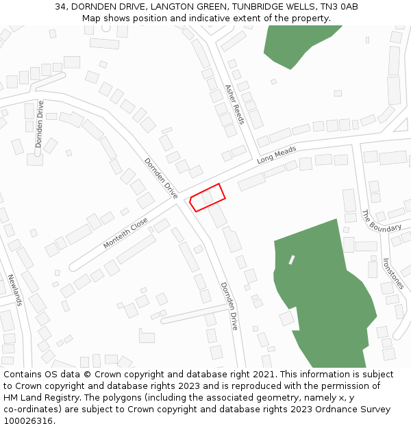 34, DORNDEN DRIVE, LANGTON GREEN, TUNBRIDGE WELLS, TN3 0AB: Location map and indicative extent of plot