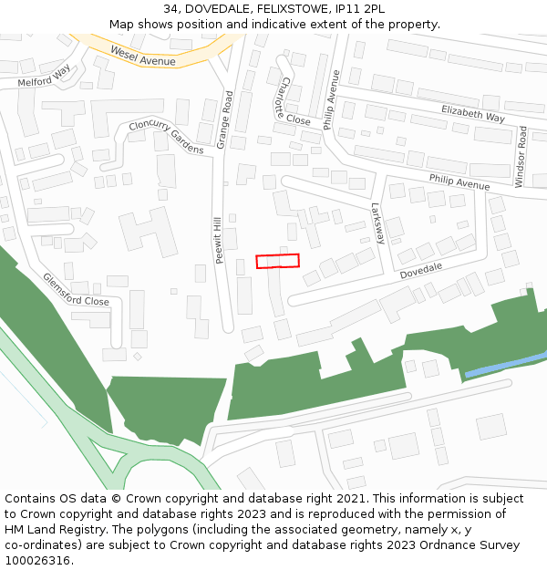 34, DOVEDALE, FELIXSTOWE, IP11 2PL: Location map and indicative extent of plot
