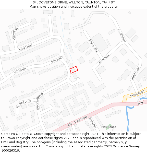 34, DOVETONS DRIVE, WILLITON, TAUNTON, TA4 4ST: Location map and indicative extent of plot