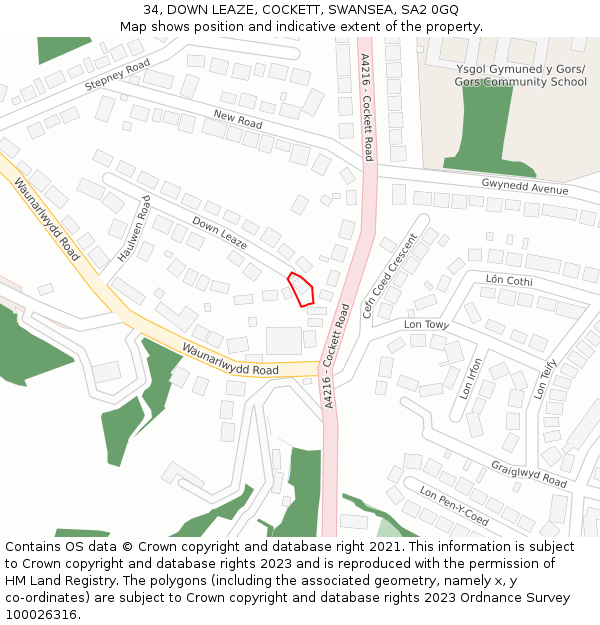 34, DOWN LEAZE, COCKETT, SWANSEA, SA2 0GQ: Location map and indicative extent of plot