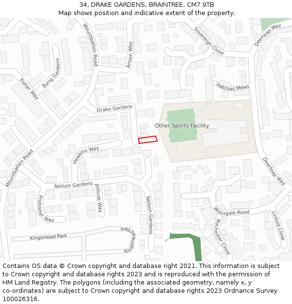 34, DRAKE GARDENS, BRAINTREE, CM7 9TB: Location map and indicative extent of plot