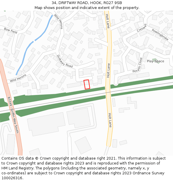 34, DRIFTWAY ROAD, HOOK, RG27 9SB: Location map and indicative extent of plot