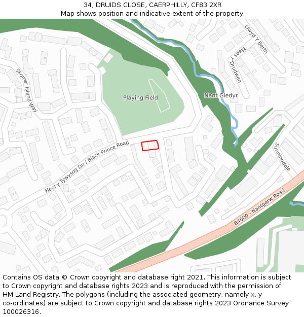 34, DRUIDS CLOSE, CAERPHILLY, CF83 2XR: Location map and indicative extent of plot