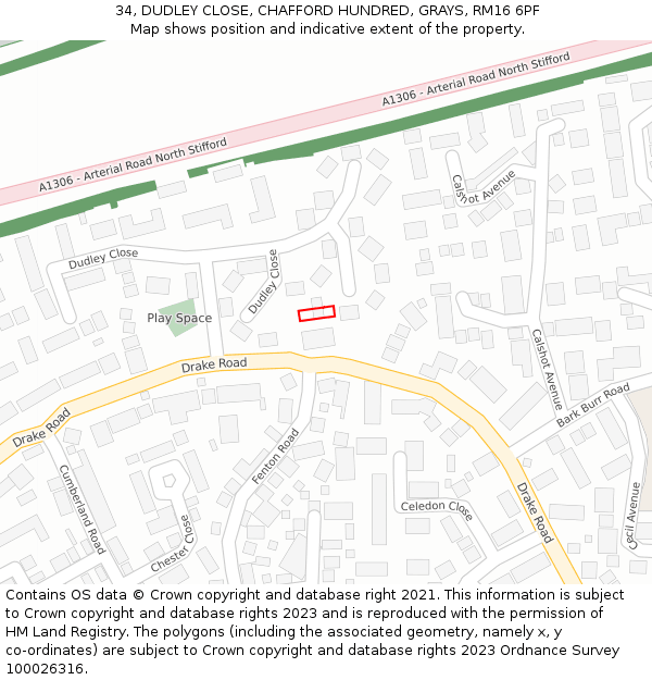 34, DUDLEY CLOSE, CHAFFORD HUNDRED, GRAYS, RM16 6PF: Location map and indicative extent of plot