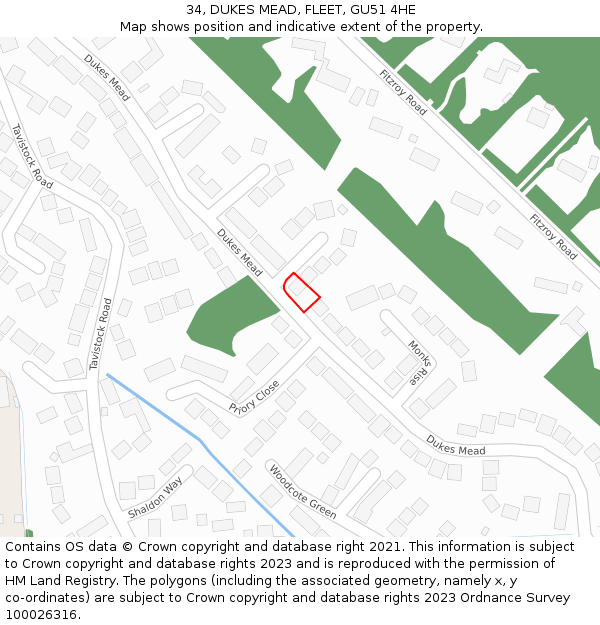 34, DUKES MEAD, FLEET, GU51 4HE: Location map and indicative extent of plot