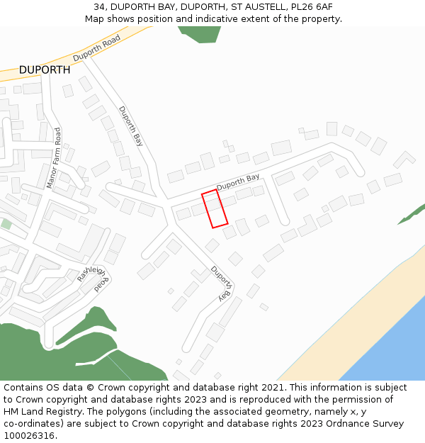 34, DUPORTH BAY, DUPORTH, ST AUSTELL, PL26 6AF: Location map and indicative extent of plot