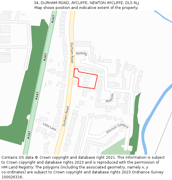 34, DURHAM ROAD, AYCLIFFE, NEWTON AYCLIFFE, DL5 6LJ: Location map and indicative extent of plot