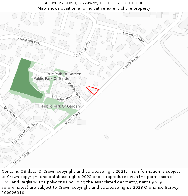 34, DYERS ROAD, STANWAY, COLCHESTER, CO3 0LG: Location map and indicative extent of plot