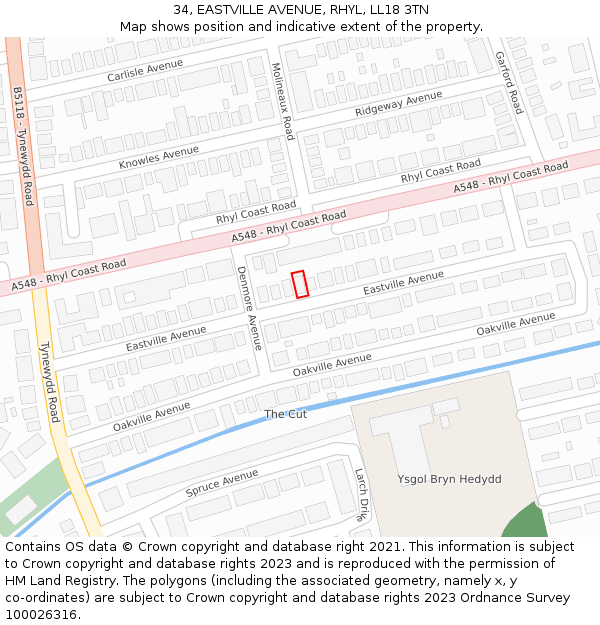 34, EASTVILLE AVENUE, RHYL, LL18 3TN: Location map and indicative extent of plot