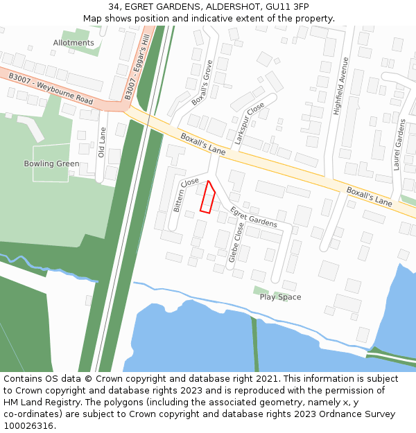 34, EGRET GARDENS, ALDERSHOT, GU11 3FP: Location map and indicative extent of plot