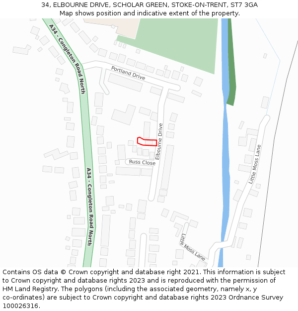 34, ELBOURNE DRIVE, SCHOLAR GREEN, STOKE-ON-TRENT, ST7 3GA: Location map and indicative extent of plot