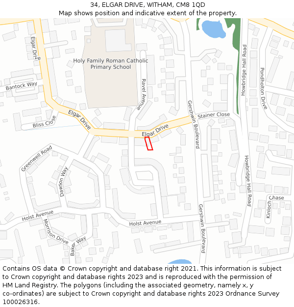 34, ELGAR DRIVE, WITHAM, CM8 1QD: Location map and indicative extent of plot