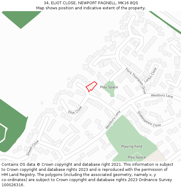 34, ELIOT CLOSE, NEWPORT PAGNELL, MK16 8QS: Location map and indicative extent of plot