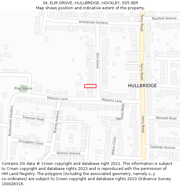 34, ELM GROVE, HULLBRIDGE, HOCKLEY, SS5 6ER: Location map and indicative extent of plot