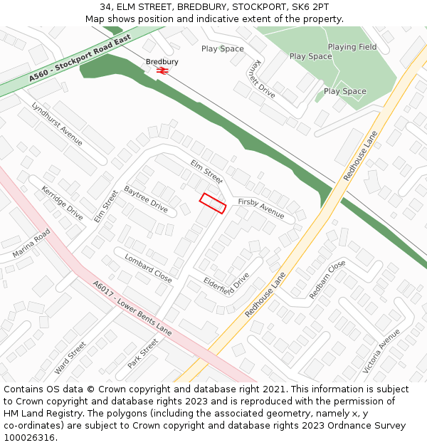 34, ELM STREET, BREDBURY, STOCKPORT, SK6 2PT: Location map and indicative extent of plot