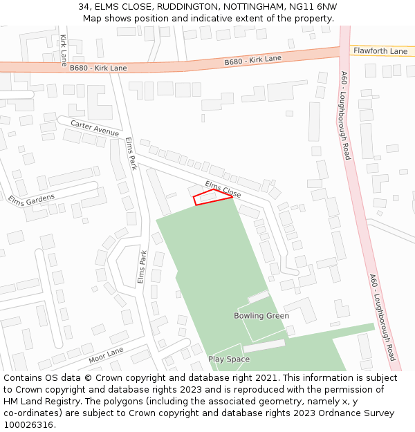 34, ELMS CLOSE, RUDDINGTON, NOTTINGHAM, NG11 6NW: Location map and indicative extent of plot