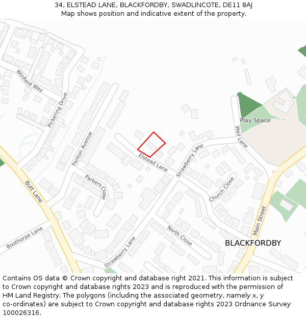 34, ELSTEAD LANE, BLACKFORDBY, SWADLINCOTE, DE11 8AJ: Location map and indicative extent of plot