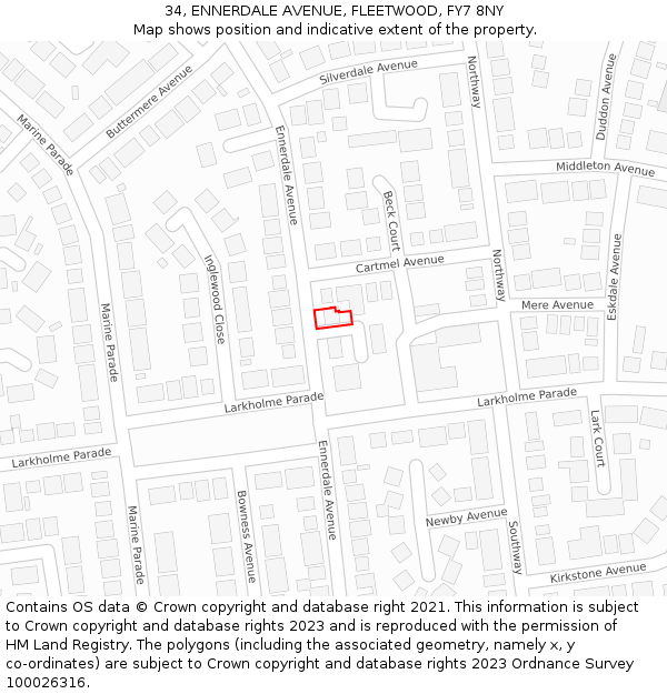 34, ENNERDALE AVENUE, FLEETWOOD, FY7 8NY: Location map and indicative extent of plot