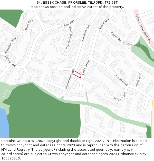 34, ESSEX CHASE, PRIORSLEE, TELFORD, TF2 9ST: Location map and indicative extent of plot