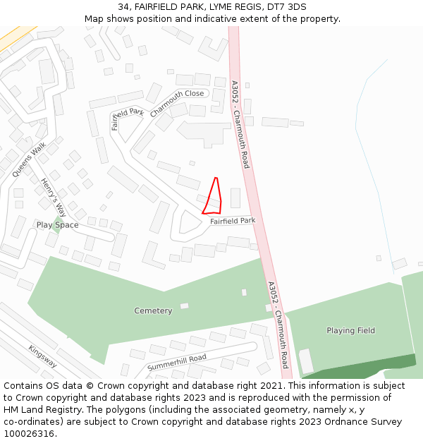 34, FAIRFIELD PARK, LYME REGIS, DT7 3DS: Location map and indicative extent of plot