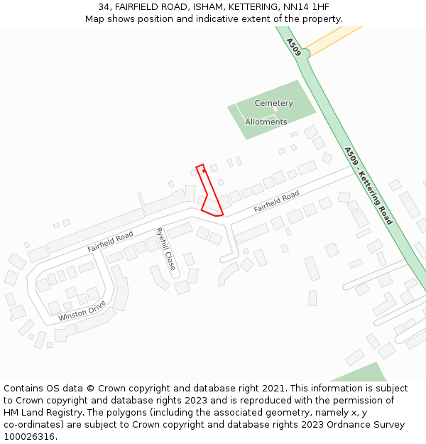 34, FAIRFIELD ROAD, ISHAM, KETTERING, NN14 1HF: Location map and indicative extent of plot