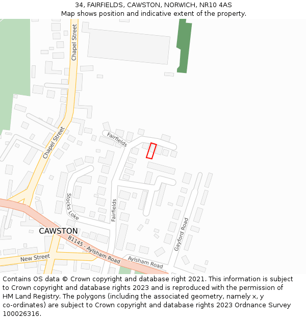 34, FAIRFIELDS, CAWSTON, NORWICH, NR10 4AS: Location map and indicative extent of plot