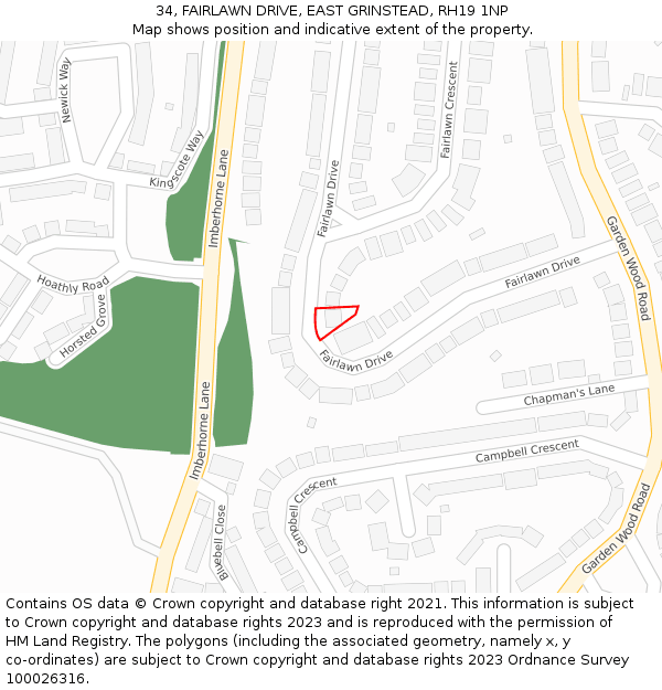 34, FAIRLAWN DRIVE, EAST GRINSTEAD, RH19 1NP: Location map and indicative extent of plot