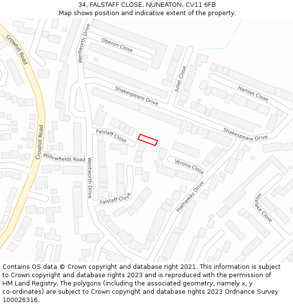 34, FALSTAFF CLOSE, NUNEATON, CV11 6FB: Location map and indicative extent of plot