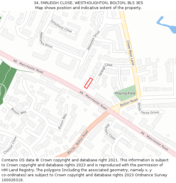 34, FARLEIGH CLOSE, WESTHOUGHTON, BOLTON, BL5 3ES: Location map and indicative extent of plot