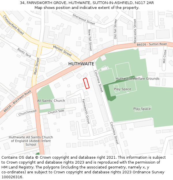 34, FARNSWORTH GROVE, HUTHWAITE, SUTTON-IN-ASHFIELD, NG17 2AR: Location map and indicative extent of plot