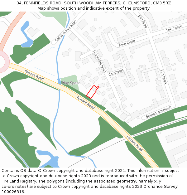 34, FENNFIELDS ROAD, SOUTH WOODHAM FERRERS, CHELMSFORD, CM3 5RZ: Location map and indicative extent of plot