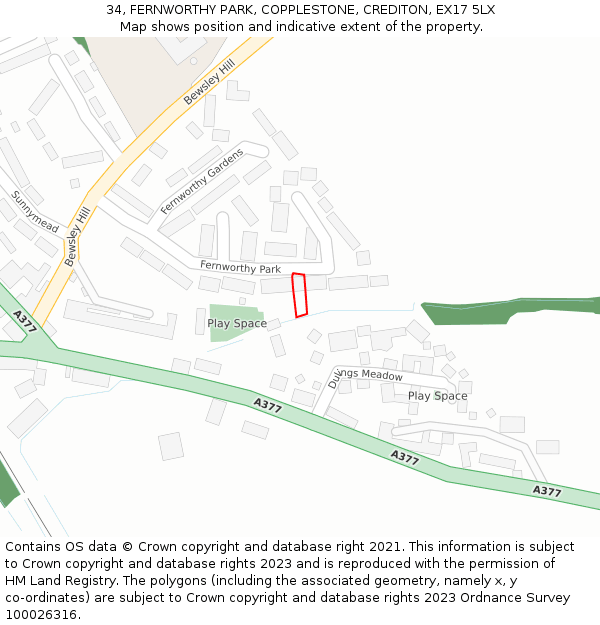 34, FERNWORTHY PARK, COPPLESTONE, CREDITON, EX17 5LX: Location map and indicative extent of plot