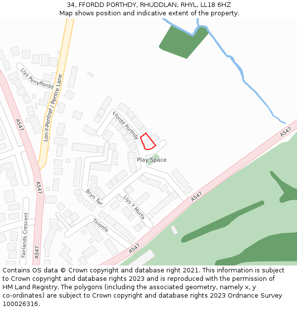 34, FFORDD PORTHDY, RHUDDLAN, RHYL, LL18 6HZ: Location map and indicative extent of plot