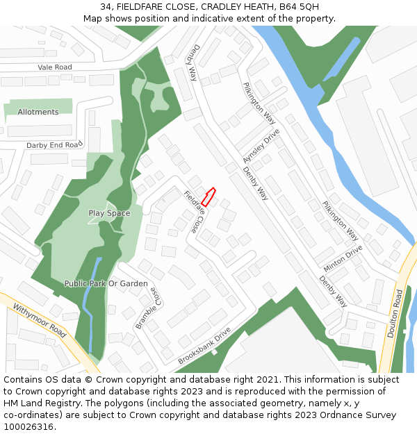 34, FIELDFARE CLOSE, CRADLEY HEATH, B64 5QH: Location map and indicative extent of plot