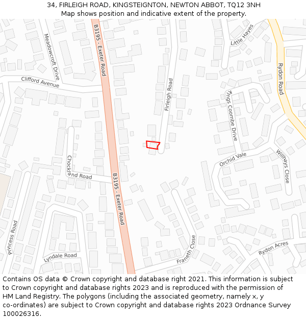 34, FIRLEIGH ROAD, KINGSTEIGNTON, NEWTON ABBOT, TQ12 3NH: Location map and indicative extent of plot