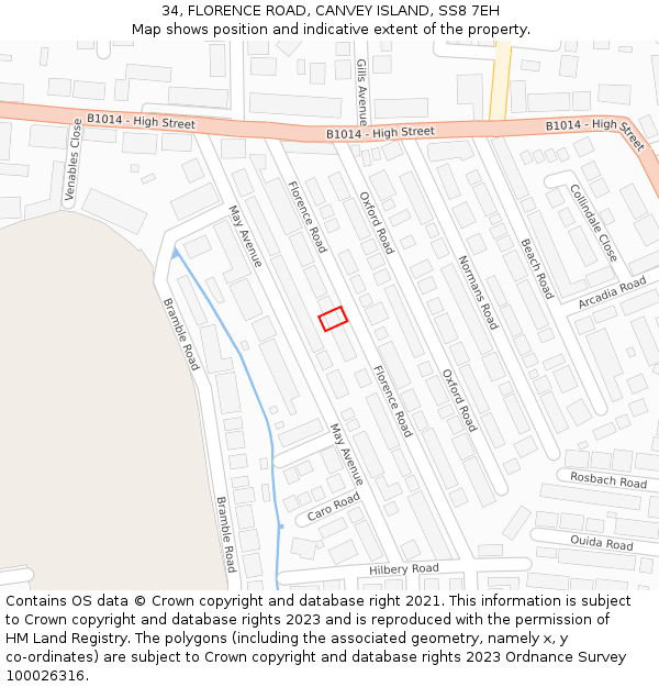 34, FLORENCE ROAD, CANVEY ISLAND, SS8 7EH: Location map and indicative extent of plot
