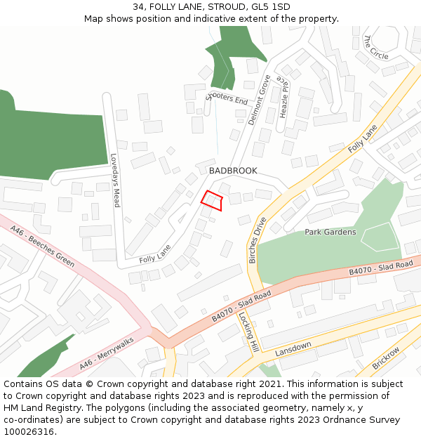 34, FOLLY LANE, STROUD, GL5 1SD: Location map and indicative extent of plot