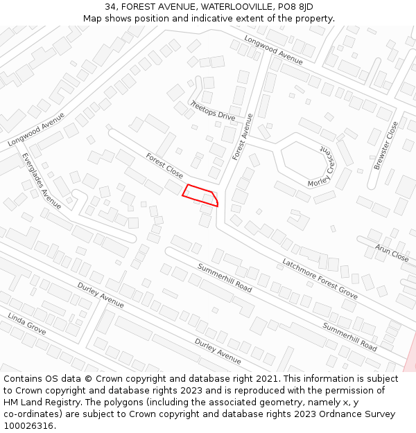 34, FOREST AVENUE, WATERLOOVILLE, PO8 8JD: Location map and indicative extent of plot