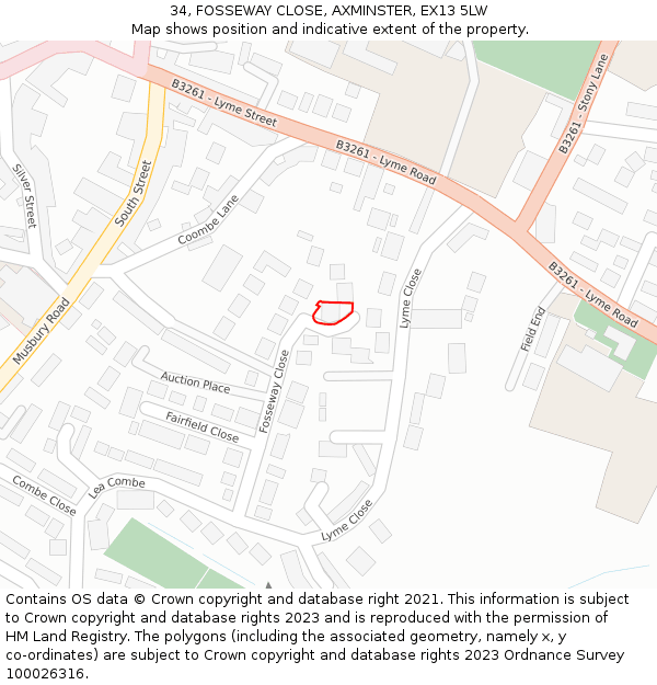 34, FOSSEWAY CLOSE, AXMINSTER, EX13 5LW: Location map and indicative extent of plot