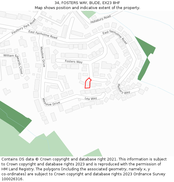 34, FOSTERS WAY, BUDE, EX23 8HF: Location map and indicative extent of plot