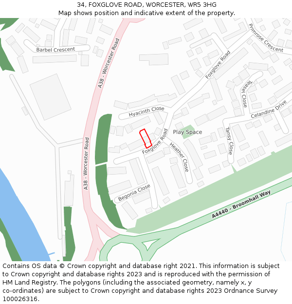 34, FOXGLOVE ROAD, WORCESTER, WR5 3HG: Location map and indicative extent of plot