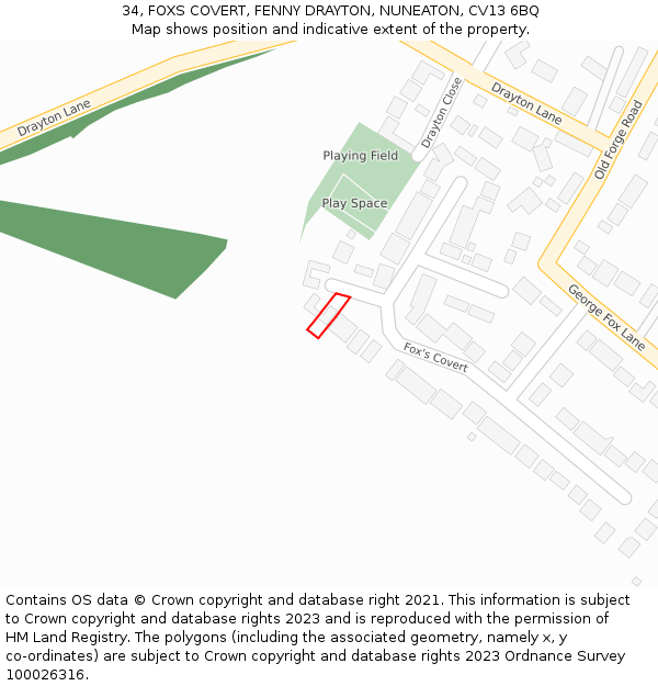 34, FOXS COVERT, FENNY DRAYTON, NUNEATON, CV13 6BQ: Location map and indicative extent of plot