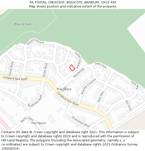 34, FOXTAIL CRESCENT, BODICOTE, BANBURY, OX15 4SP: Location map and indicative extent of plot