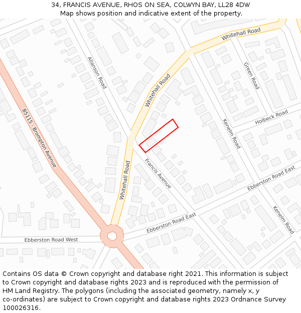 34, FRANCIS AVENUE, RHOS ON SEA, COLWYN BAY, LL28 4DW: Location map and indicative extent of plot